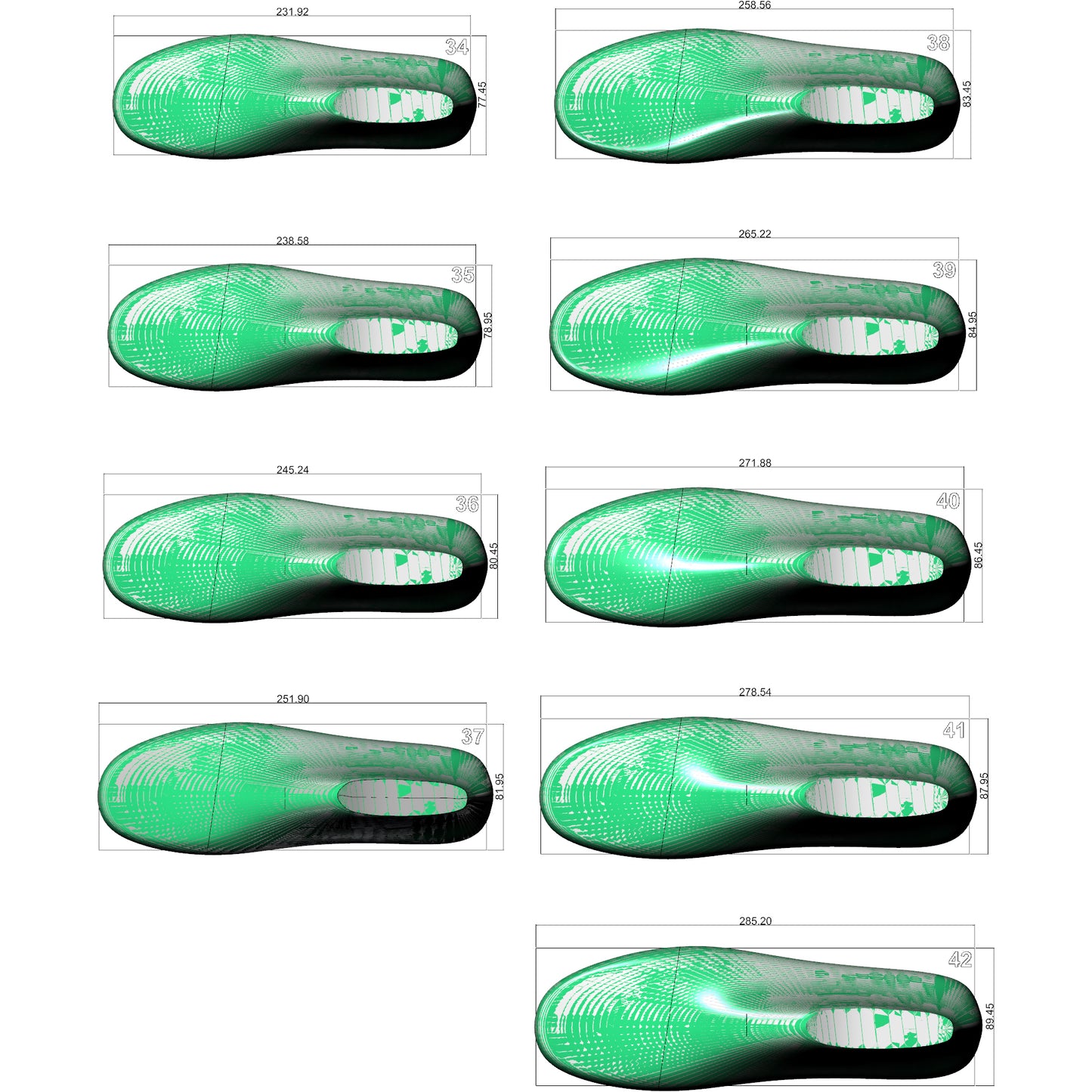 Back perspective 3D render view of professional women sneaker shoe last SPZ pack showing top view and shapes from size 35 to 42 for CAD modeling and footwear development